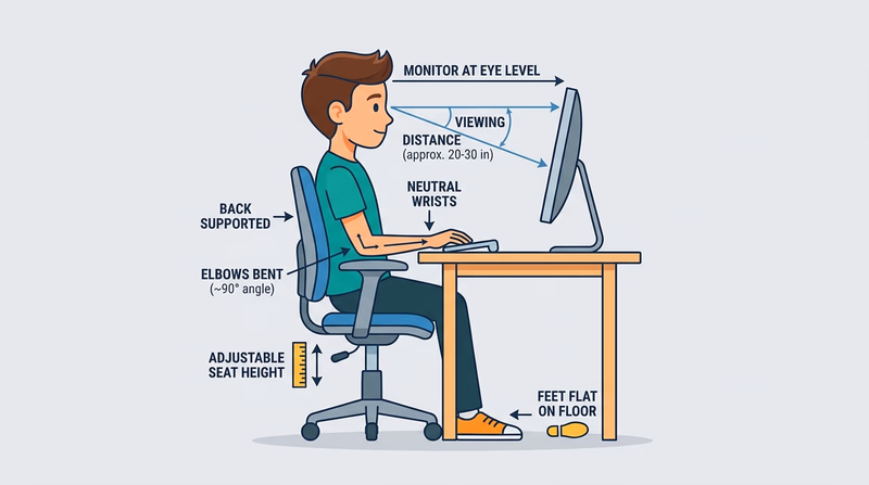A Scout seated at a desk with neutral wrists, feet supported, and the monitor at eye level