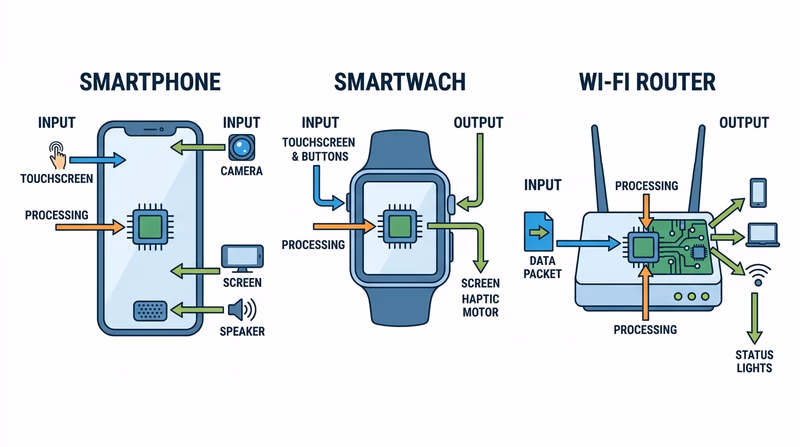 Three labeled everyday objects such as a smartphone, smartwatch, and router with arrows showing input, processing, and output