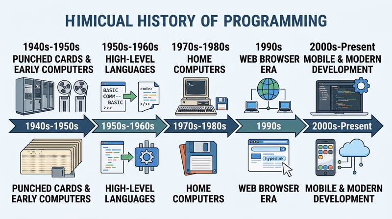 A visual timeline from punch cards and early computers to laptops, web apps, and modern coding languages