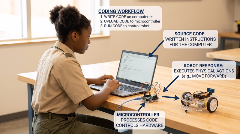 A Scout testing simple code on a laptop while a small robot or microcontroller responds nearby