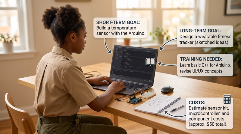 A Scout planning a hobby project with notes for short-term goals, long-term goals, training, and costs beside a laptop and small maker project