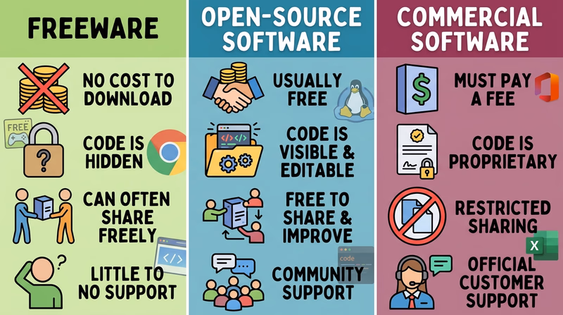 A three-column comparison labeled freeware, open source, and commercial software with simple icons for cost, code access, and sharing rules