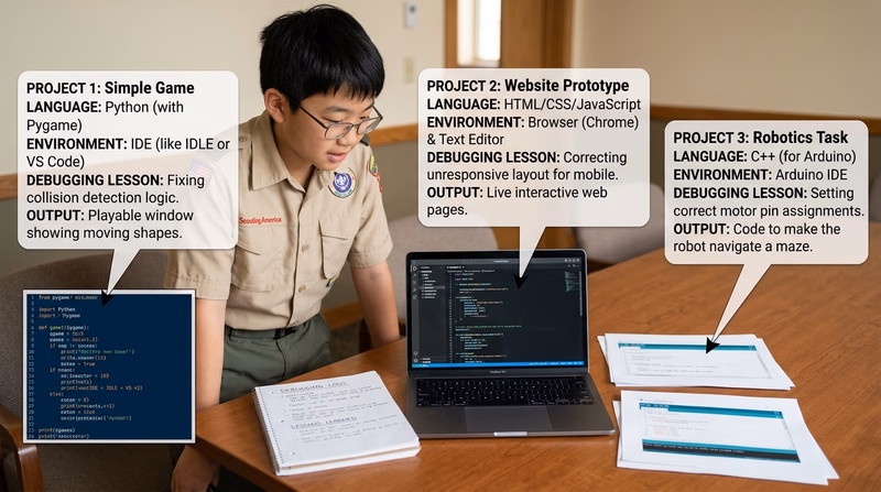 A Scout reviewing three finished programming projects with notes comparing language, environment, debugging, and output