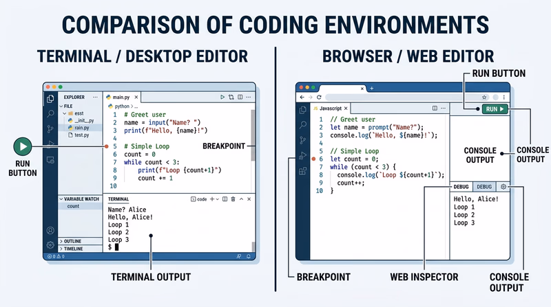 Side-by-side screens showing the same simple logic built in two different programming environments with notes about syntax and tools