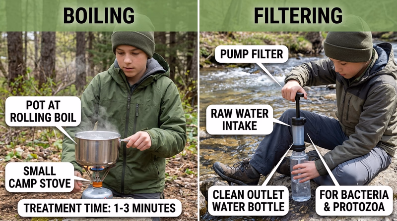 Scout comparing boiling water on a stove and pumping through a backpacking filter with labeled pros and limits