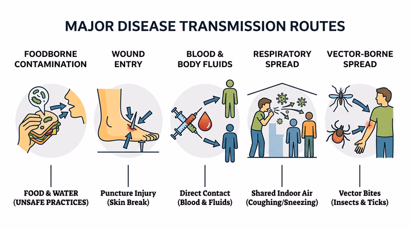Diagram showing foodborne, vector-borne, respiratory, bloodborne, and wound-entry transmission routes with simple icons