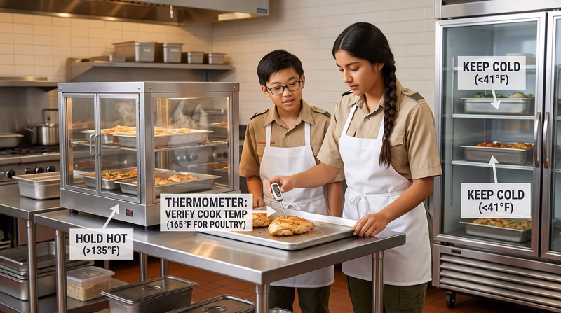 Food thermometer inserted into different foods with a labeled danger zone temperature band and arrows for chill fast and cook thoroughly