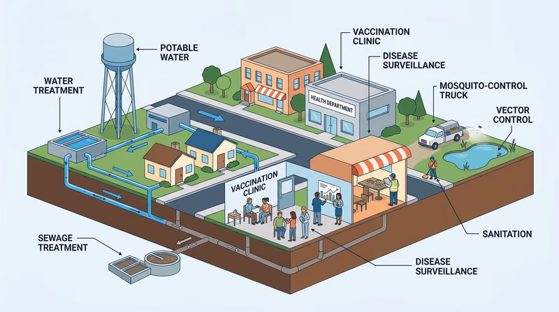 Cutaway scene showing a town with a water tower, health department, restaurant kitchen inspection, vaccination clinic, and mosquito-control truck
