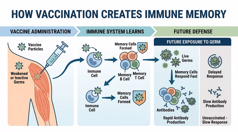 Friendly diagram showing a vaccine teaching immune cells to recognize a germ faster the next time