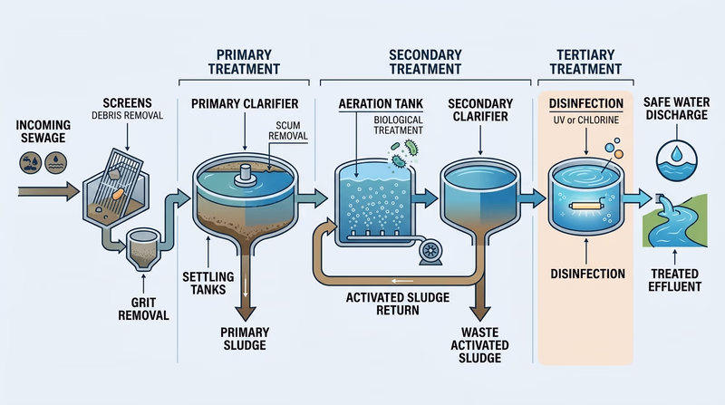 Simple step-by-step diagram from incoming sewage to treated water discharge with public-health notes at each stage