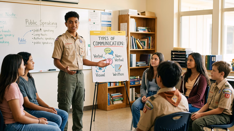 A Scout demonstrating confident body language while speaking: standing tall, making eye contact, and using an open hand gesture toward a poster on an easel
