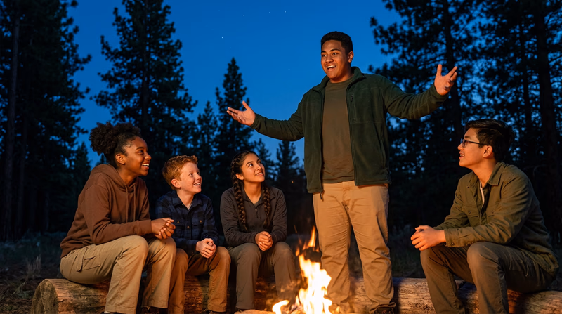 A group of Scouts sitting around a campfire at night, with one Scout standing and telling a story with animated gestures while the others listen intently