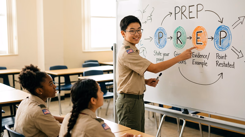 A Scout at a whiteboard showing the PREP method for impromptu speaking with four connected steps: Point, Reason, Example, Point