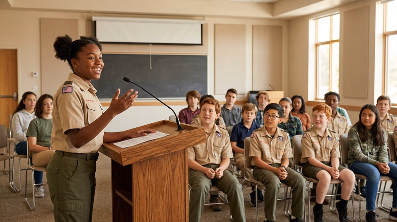 A Scout standing confidently at a podium in front of an audience of peers, smiling and gesturing while speaking