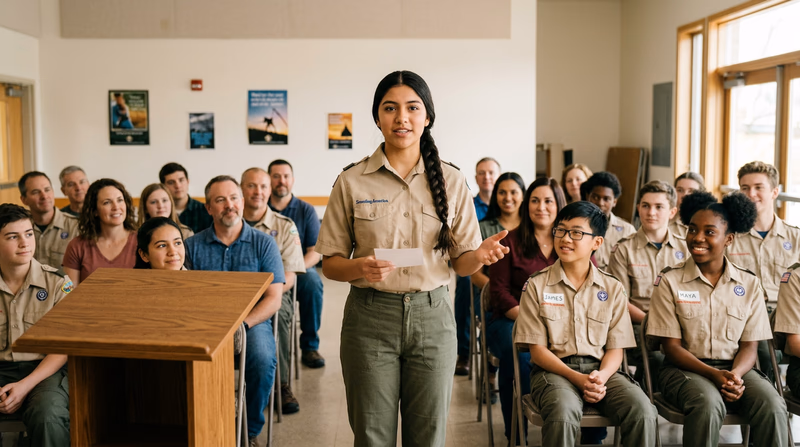 A Scout standing at the front of a room delivering a speech to an attentive audience of peers and adults, using natural hand gestures and making eye contact, with a simple outline on a notecard