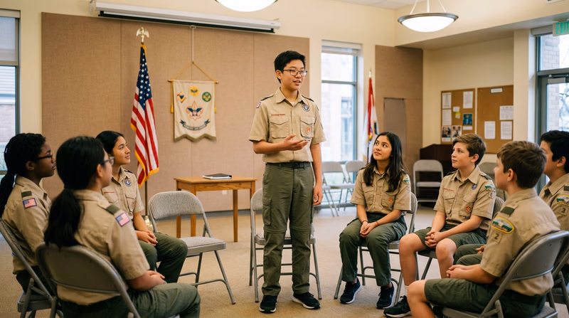 A Scout standing and speaking confidently to a small group seated in a circle at a troop meeting, with no notes or visual aids, gesturing naturally