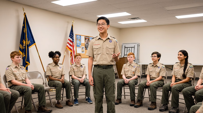 A Scout standing in front of a small group of fellow Scouts at a troop meeting, making eye contact and smiling while giving a short speech