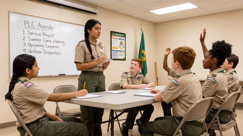 A Scout standing at the head of a table leading a patrol leaders' council meeting, with several Scouts seated around the table, some raising their hands