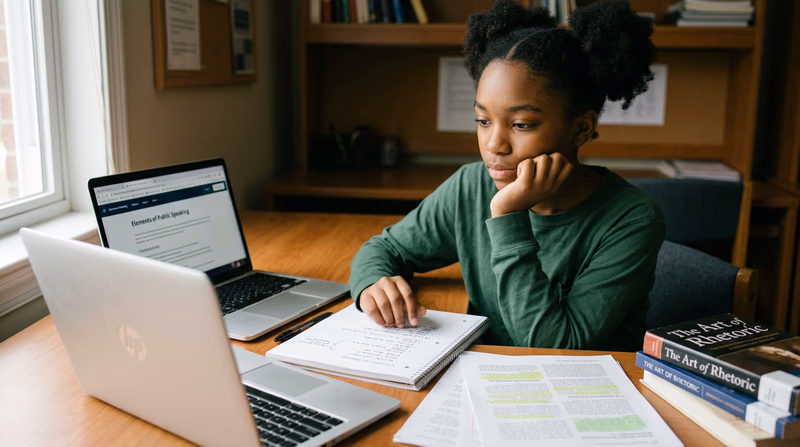 A Scout sitting at a desk with a laptop, notebook, and pen, taking notes and organizing research for a speech, with a printed outline visible on the desk