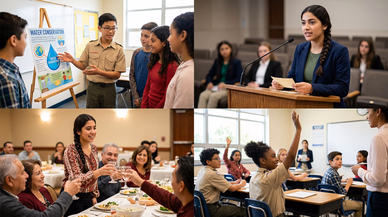 A split-image collage showing four types of public speaking: a Scout presenting a poster, a debater at a lectern, a person giving a toast at a celebration, and a student answering a question in class