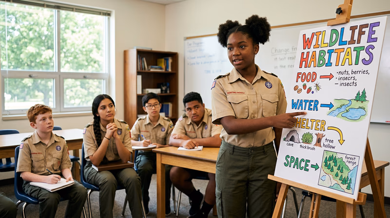 A Scout pointing at a colorful hand-drawn poster on an easel showing a simple diagram, while speaking to a small group of attentive peers