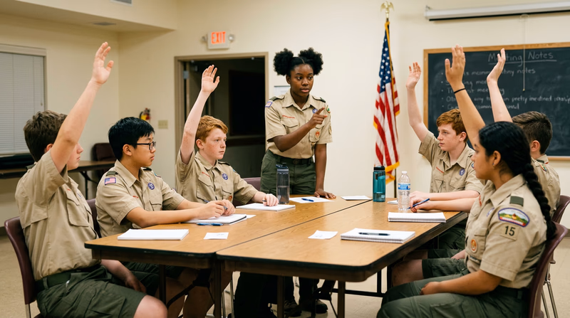 A group of Scouts seated at a meeting table raising their hands to vote on a motion, with the Scout leading the meeting standing and counting raised hands