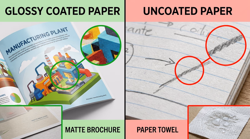 Side-by-side comparison of glossy magazine paper, matte brochure paper, uncoated notebook paper, and absorbent paper towel with short notes on how each surface behaves