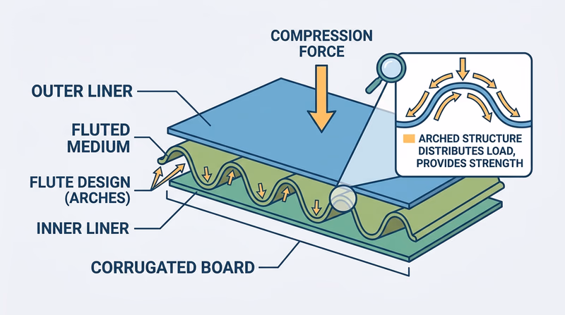 Cutaway view of corrugated board showing outer liner, fluted medium, and inner liner, with labels explaining how the structure adds strength