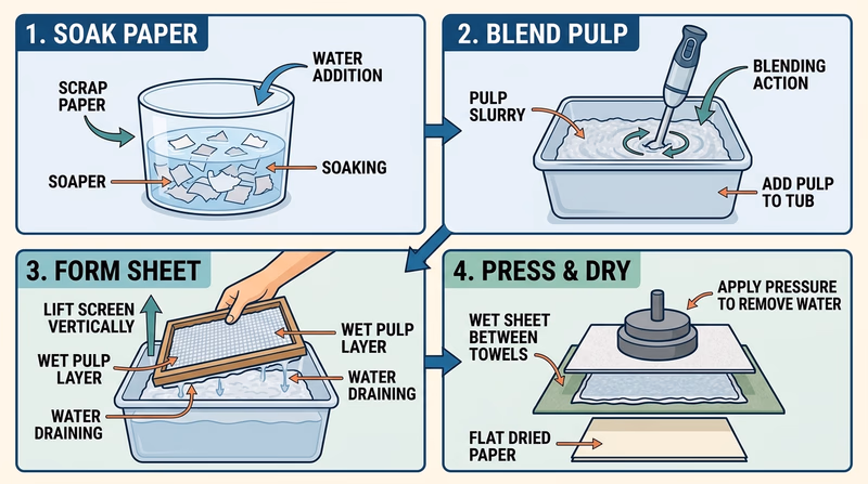 Four-panel diagram showing soaked scraps, blended pulp slurry, sheet lifting on a screen, and pressed handmade paper drying flat