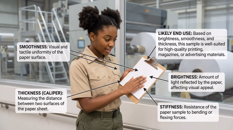 A Scout holding a paper sample beside notes labeling smoothness, thickness, brightness, and likely end use after a paper-mill tour
