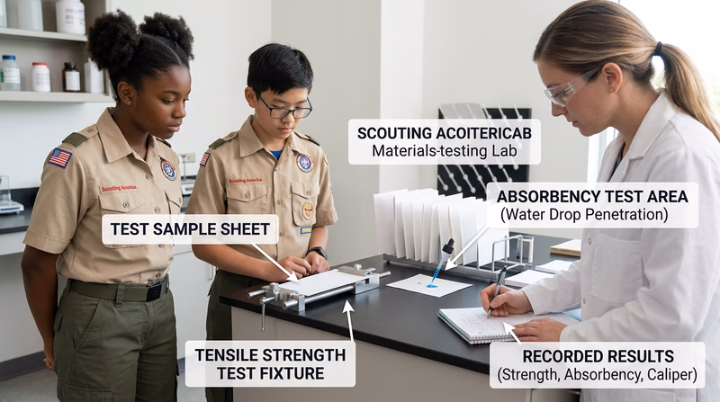 Lab technician testing paper samples for strength, absorbency, and coating performance with labeled instruments and sample sheets