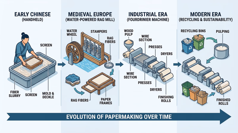 Timeline showing early Chinese papermaking, rag-based European mills, wood-pulp industrialization, and modern recycling-based papermaking