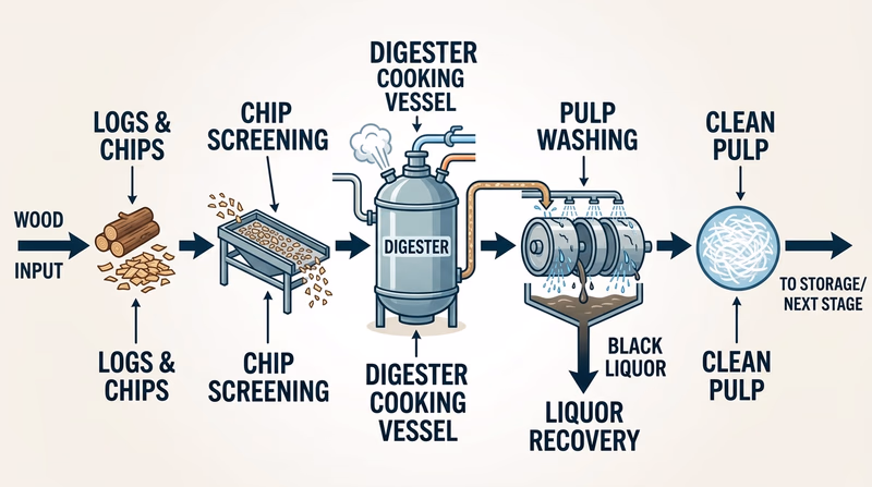 Simplified flow diagram showing logs or chips entering a pulp mill, then chip screening, cooking, washing, and clean pulp exiting as cellulose fibers