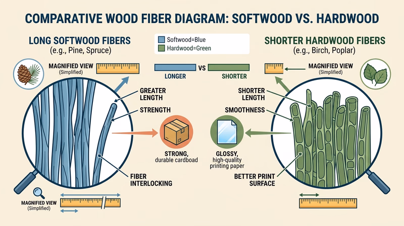 Side-by-side diagram showing longer softwood fibers and shorter hardwood fibers, plus simple notes about strength and smoothness