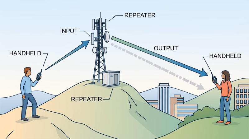 Diagram showing two handheld radios on opposite sides of hills communicating through a hilltop amateur radio repeater