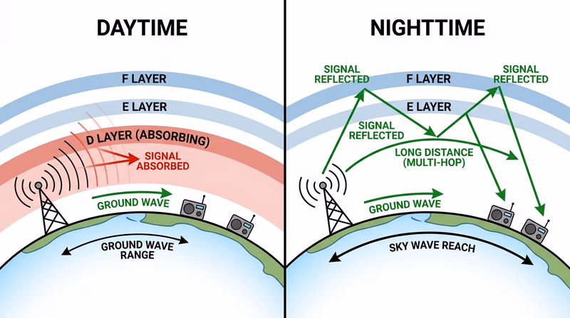Comparison diagram showing daytime medium-wave absorption by the D layer and nighttime skywave reflection from higher ionospheric layers
