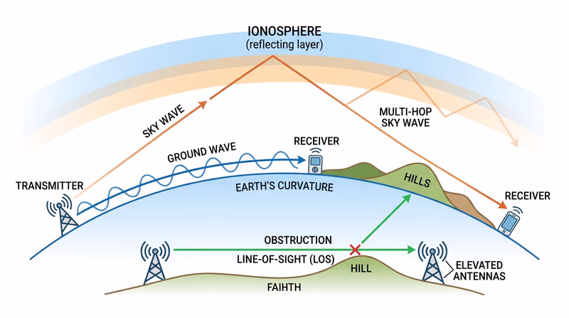 Diagram comparing ground-wave, skywave, and line-of-sight radio propagation with Earth curvature and the ionosphere labeled