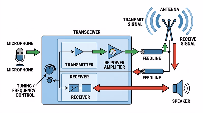 Block diagram showing microphone, transceiver, transmitter, amplifier, feedline, antenna, receiver, and speaker with signal flow arrows