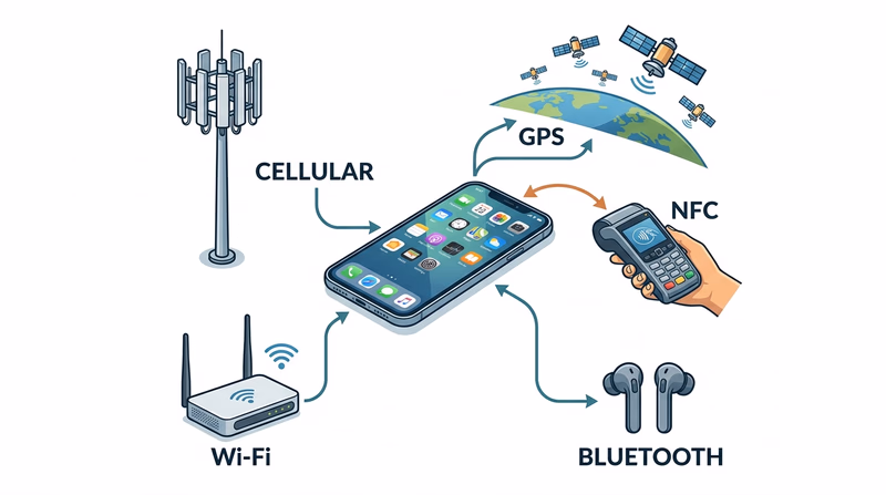 Diagram of a smartphone connecting to a cell tower, Wi-Fi router, Bluetooth earbuds, GPS satellites, and an NFC payment terminal