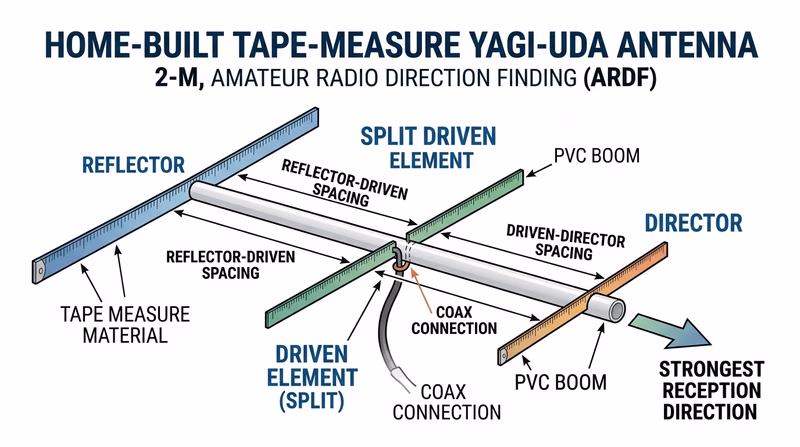 Labeled diagram of a tape-measure Yagi antenna showing reflector, split driven element, director, boom spacing, and coax connection