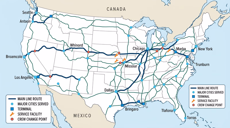 Route map of a major Class I railroad with its main lines, major served cities, terminals, service facilities, and crew change points marked
