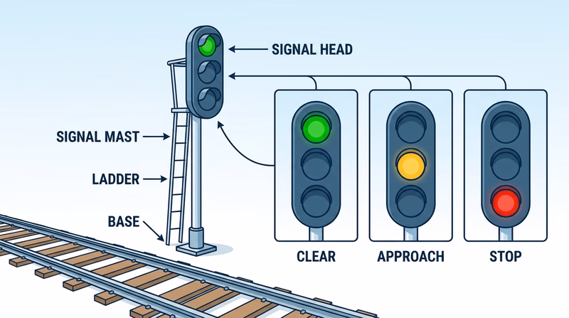 Three-aspect color-light railroad signal with inset views showing its green, yellow, and red indications