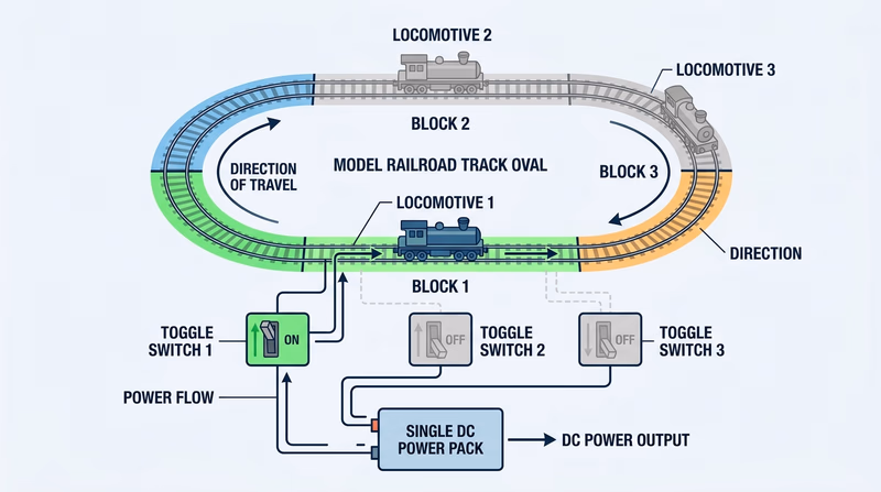 Instructional diagram of a DC model railroad layout divided into three electrical blocks with toggle switches and one power pack
