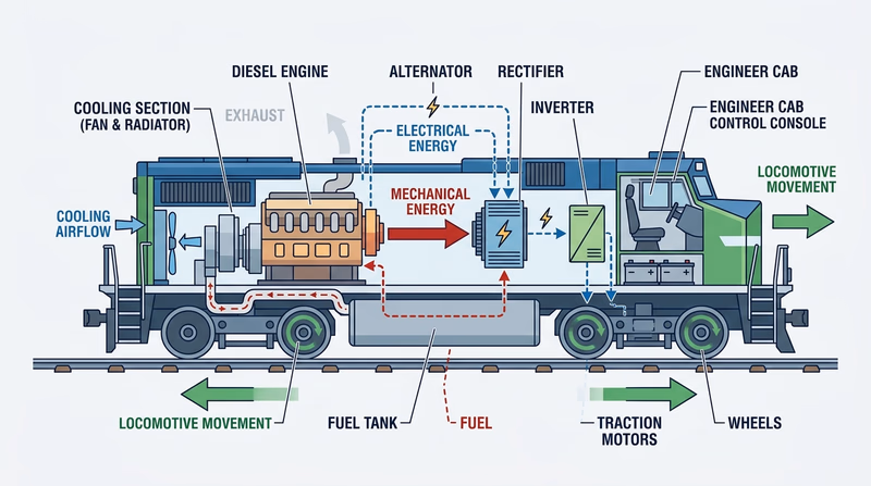 Cutaway diagram of a diesel-electric locomotive showing the diesel engine, alternator, traction motors, and power flow to the wheels