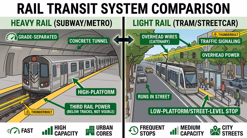 Side-by-side comparison of a grade-separated heavy-rail subway train and a street-running light rail vehicle