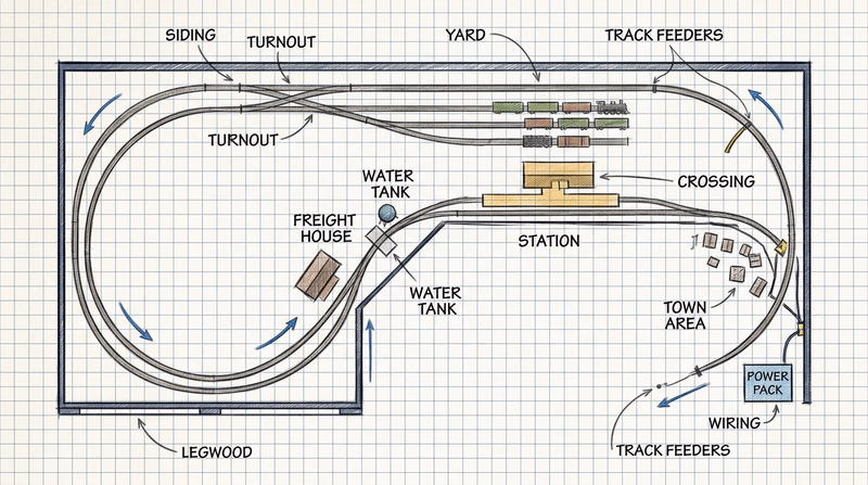Top-down beginner model railroad track plan on graph paper showing a loop, siding, small yard, and station area