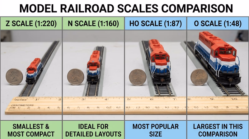 Comparison of Z, N, HO, and O scale model locomotives lined up with a ruler and coin for size reference
