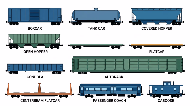 Reference sheet with labeled side-view silhouettes of ten common freight and passenger car types