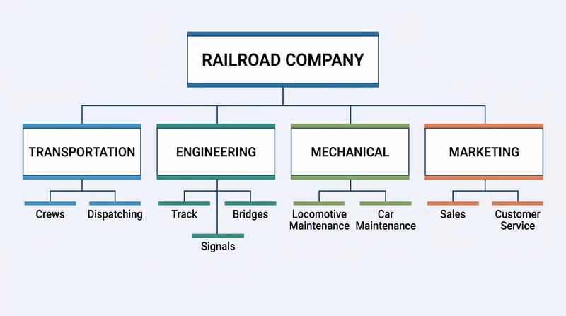 Organizational chart showing Transportation, Engineering, Mechanical, and Marketing departments with their main roles