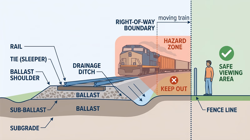 Diagram of a railroad corridor showing the right-of-way boundary, train overhang hazard zone, and a person standing safely outside it